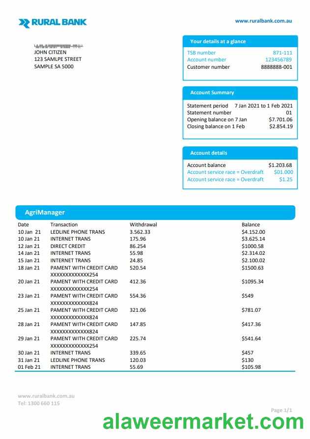 Australia Rural bank proof of address statement template in Word and PDF format
